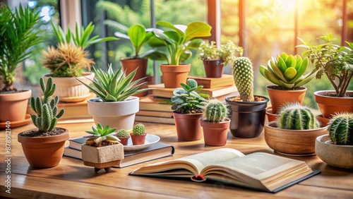 A beautifully arranged collection of potted plants placed on a wooden desk next to an open botany textbook.