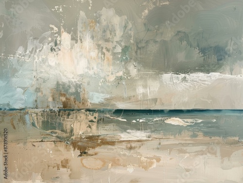 An abstract painting depicting a coastal scene with a blue ocean, sandy beach, and a cloudy sky