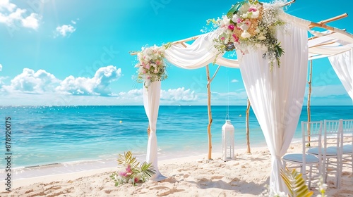 Wedding preparation on beach against a background of beautiful sea and blue sky