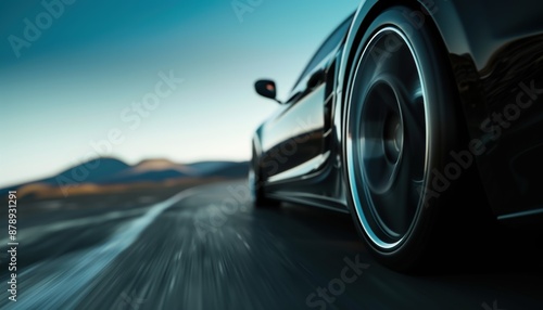 Close-up of a luxury car speeding on the road, showcasing the sleek design and high-performance tires against a blurred landscape background.