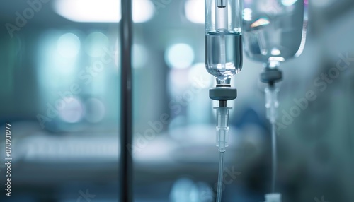 Close-up of an IV drip in a hospital setting, showcasing medical equipment in focus with a blurred background.