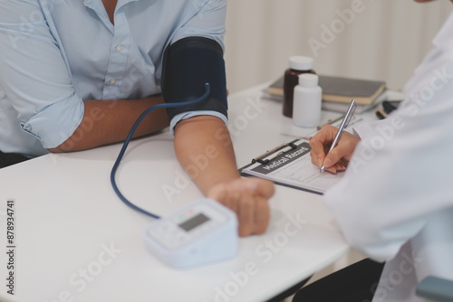 The doctor woman hand use the pulse meter to measure the pressure of the patient, medical checkup concept.