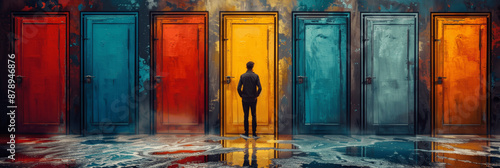 businessman facing colorful doors representing diverse career opportunities and choices