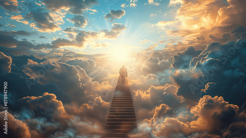 Man Ascending Stairway to Heaven Amidst Clouds and Divine Light Representing Afterlife and Spiritual Journey to Paradise