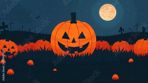 Spooky Halloween night with glowing Jack-o'-lanterns in a pumpkin patch under a full moon, perfect for festive and eerie autumn imagery.