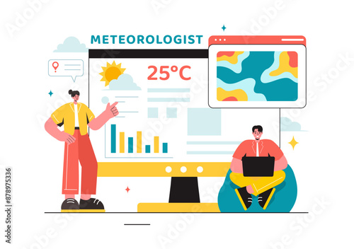 Meteorologist Vector Illustration with Weather Forecast and Atmospheric Precipitation Map in a Flat Style Cartoon Background Design