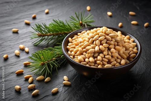 Pine Nuts in a Wooden Bowl.