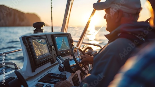 Fishermen Navigating Boat with High-Tech Fish Finder Display at Sunset