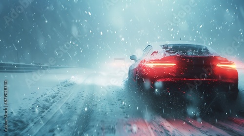 Red Car Brave Journey Through Heavy Snowstorm - Winter Driving Adventure Concept