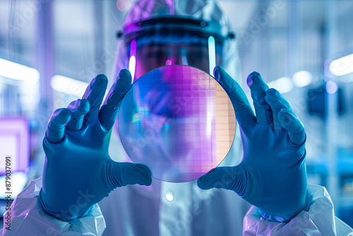 Technician in a protective suit holding a semiconductor wafer inside a fabrication plant