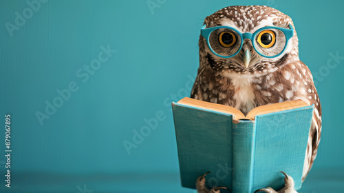 Wisdom and education concept image with a wise owl reading a book on blue background with copy space