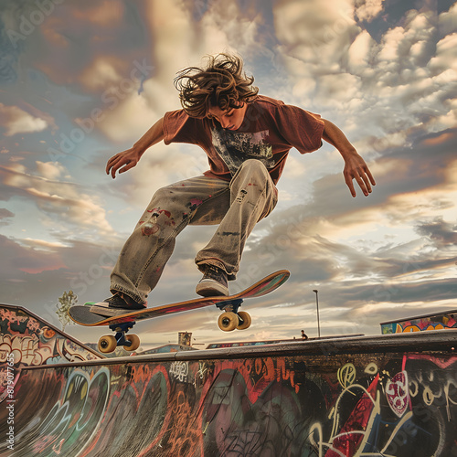 A young boy skating in skateboard rink.