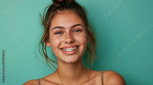 Young woman with braces emoting on plain green backdrop, showcasing various facial expressions