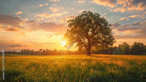 Golden hour sunset landscape with lone tree in field of wildflowers.