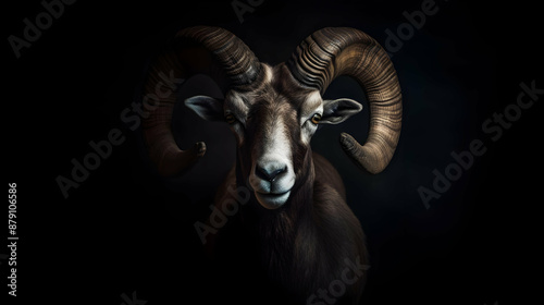 Portrait of a Wild Mountain Goat with Curved Horns - Realistic Animal Photography