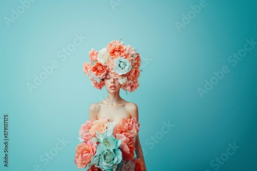 A young woman with a large, extravagant floral headpiece covering her head stands against a soft pastel background.