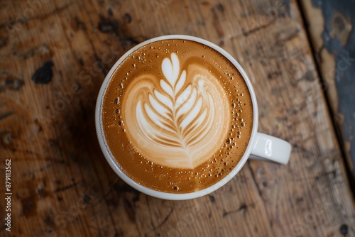 Cappuccino coffee with latte art in a white cup on a wooden table, in a top view. An aerial view of latte art in a cappuccino coffee with intricate details captured in natural lighting, suitable for s