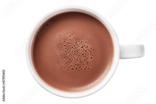 A cup of hot chocolate isolated on transparent background, top view.