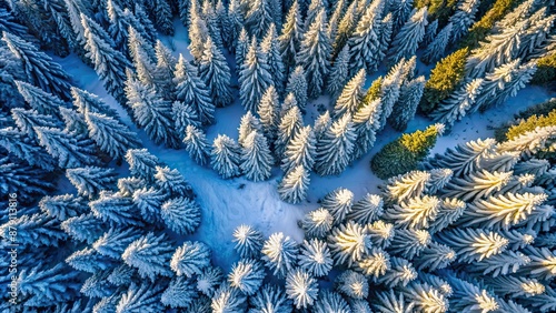 Aerial top down view of a snowy fir mountain forest in the Carpathians, Bukovel Resort, Ukraine , winter, nature