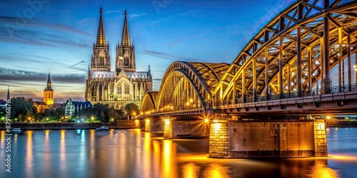 Cathedral and illuminated Hohenzollern bridge in Cologne, Germany , Cologne, Germany, Cathedral