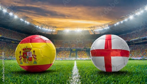 Two soccer balls with country flags from spain and england placed against each other on the green grass in a stadium for the European Championship