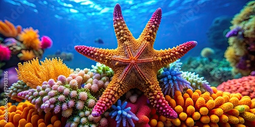 A vibrant starfish resting on colorful coral in the clear ocean waters, starfish, sea life, marine, underwater, ocean, reef