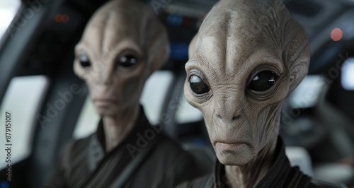 Close-up of two alien beings in a spaceship