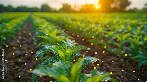 Healthy green crops growing in a sunlit field during sunset, showcasing vibrant plants in an agricultural setting.