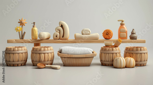 A collection of handcrafted wooden bath accessories, including containers, brushes, and soap dishes, accented with fresh citrus fruits, showcasing a natural and artisanal bath setup.