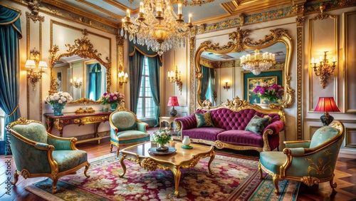 Vibrant colors illuminated elegant ornate mirrors and lavish furnishings adorn a sophisticated luxurious interior of a high-end parlour setting.