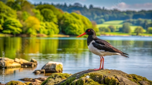 Golden light illuminates Ogston Reservoir's serene waters as oyster catchers congregate on rocks, amidst lush greenery and misty atmosphere.