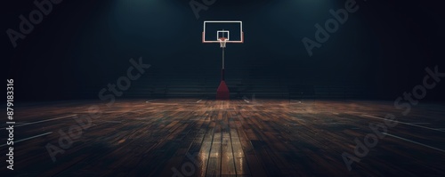 Nostalgic basketball court glows dramatically under spotlights in a dark gym, casting shadows on vintage hardwood