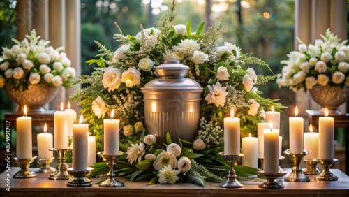 Elegant cremation urn on pedestal surrounded by solemn funeral flowers, candles, and somber memorial decorations in a serene atmosphere.