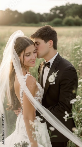 Pareja de novios enamorados, una foto de boda. Concepto de fotos de bodas al atardecer, cariño y familia unida.