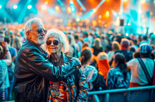 Concert of rock music. Senior couple on festival. People on punk show. Woman and man, happy fun friends. Summer party with rockers crowd. Concert music event with two retired mature adults. Old couple