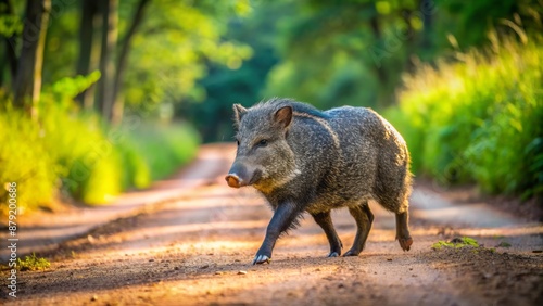 Wild collared peccary, also known as javelina, strides alone down a rural dirt farm road, surrounded by lush greenery and trees.