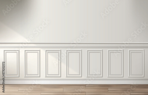 Room interior with white classic wall panel and wooden floor. Light background with luxury elegant molding frames. Realistic 3d vector illustration of home or office design with moulding and parquet