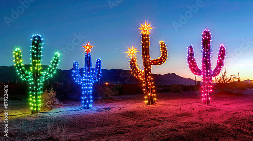 Cactus with Christmas Lights in the Desert at Night, with Mountains in the Background: Festive Desert Scene, Holiday Spirit in Nature