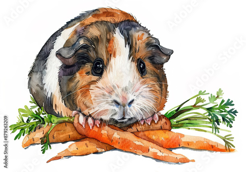 watercolor illustration of adorable spotted guinea pig with raw carrots isolated on white background