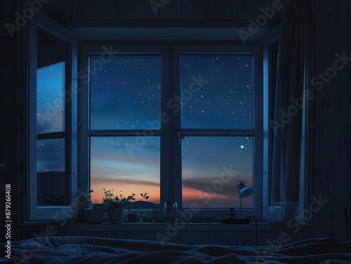 Open Window with Night Sky View, A Serene Nocturnal Scene