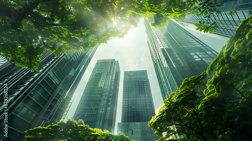 A stunning view looking up at modern skyscrapers intertwined with lush green foliage. The image represents the harmony between urban development and environmental sustainability, highlighting corporat