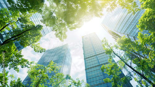 A stunning view looking up at modern skyscrapers intertwined with lush green foliage. The image represents the harmony between urban development and environmental sustainability, highlighting corporat