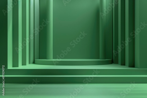 Green Studio. 3D Rendering of Empty Limbo Background with Geometric Shapes