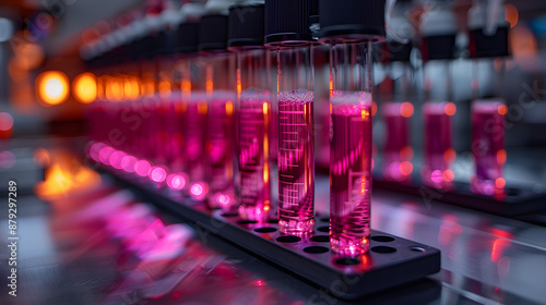 Close-up of test tubes with pink liquid in a laboratory setting, showcasing scientific research and experimentation in a modern lab.