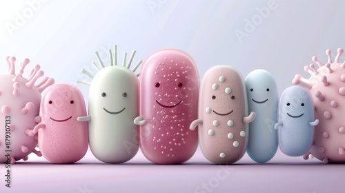 Cute and colorful cartoon microbes with smiling faces, illustrating friendly bacteria with a light pastel background.