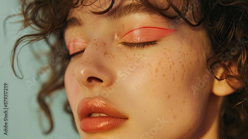 Close-up of woman with closed eyes pink eyeliner