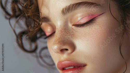 Close-up of woman with closed eyes pink eyeliner