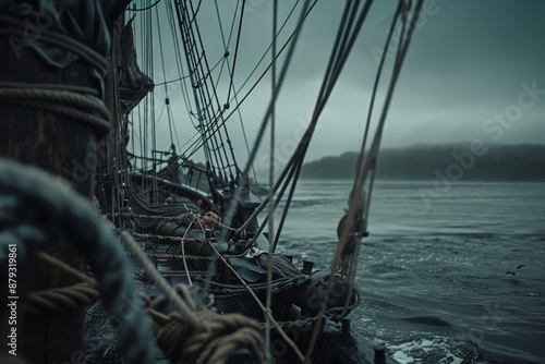 Moody view of old sailing ship's deck and rigging on stormy seas.