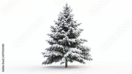 A snow covered pine tree stands alone in a white background