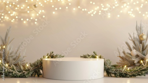 Festive white podium with garland and lights on beige